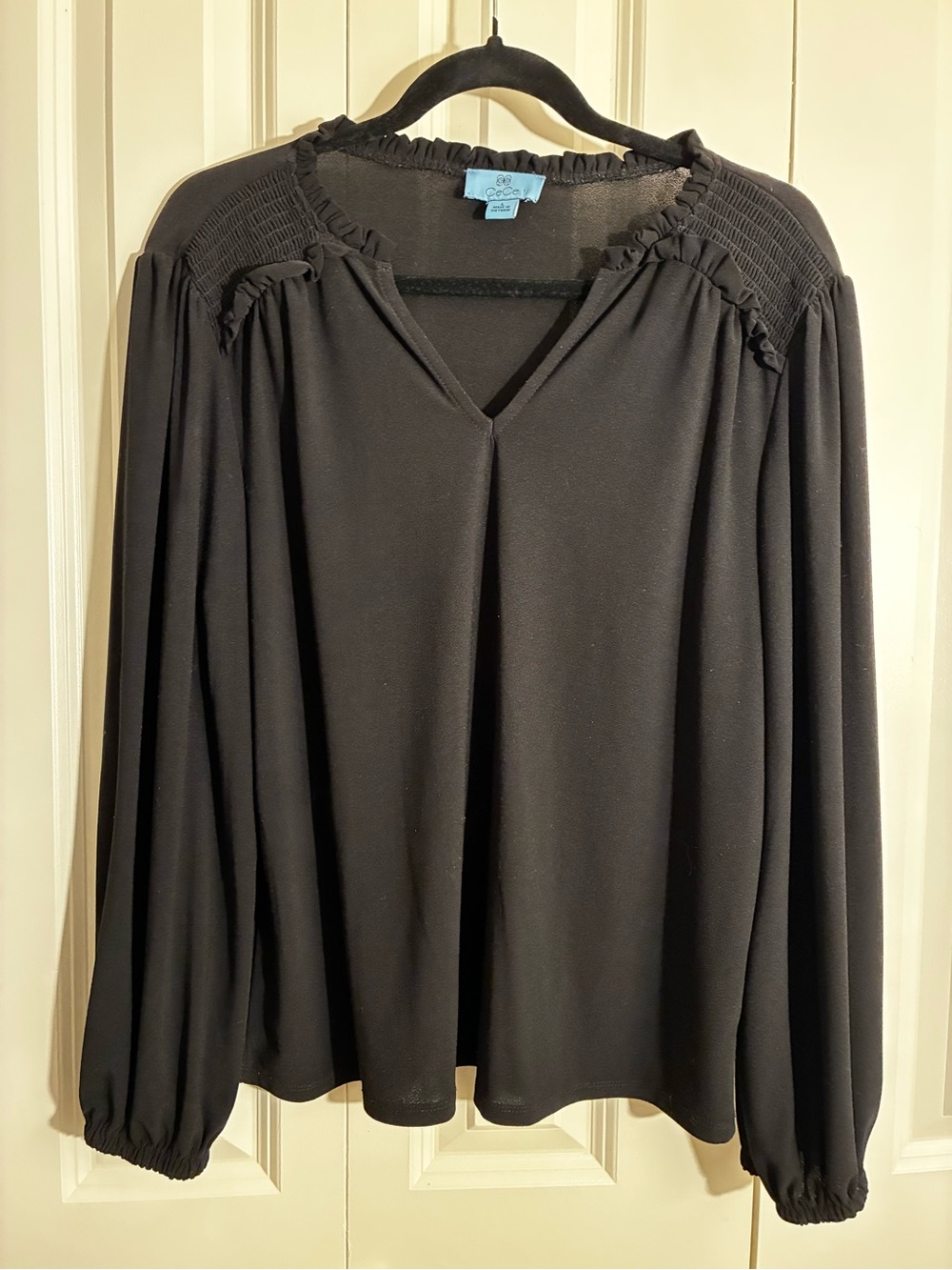 CeCe Black Long-Sleeve Smocked Shoulder Blouse
